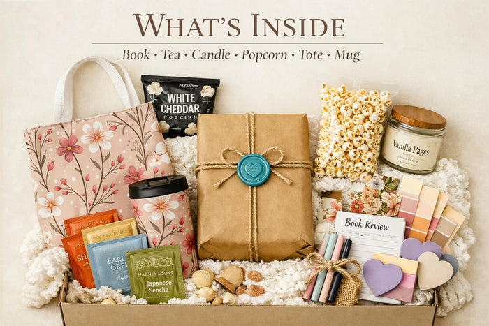 A box containing various items, including a book, snacks, candles, and other miscellaneous items, all wrapped in brown paper and tied with twine.