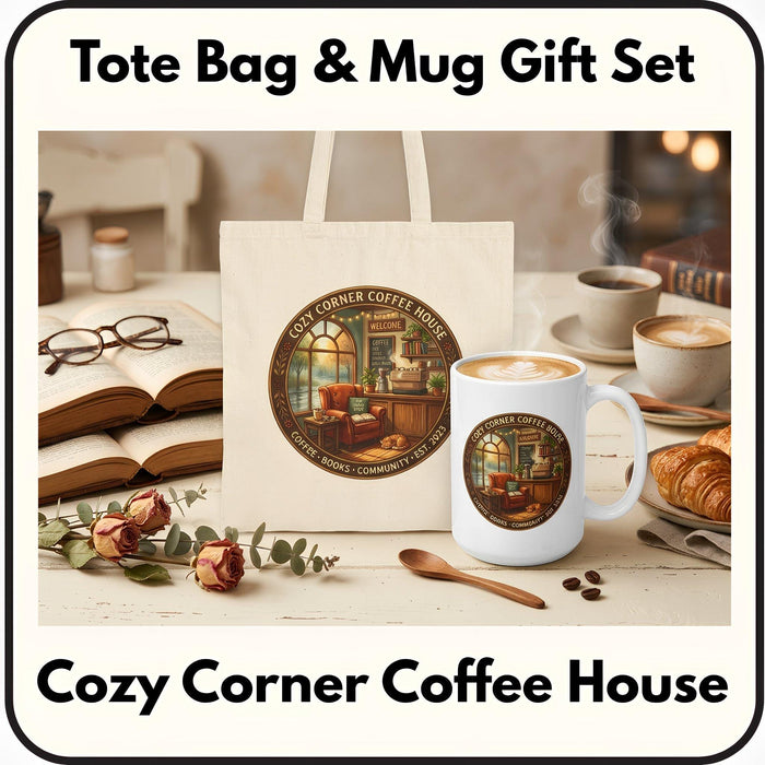 A cozy corner coffee house gift set, including a tote bag and a mug, is displayed on a table with various items such as books, a cup of coffee, and a pastry.