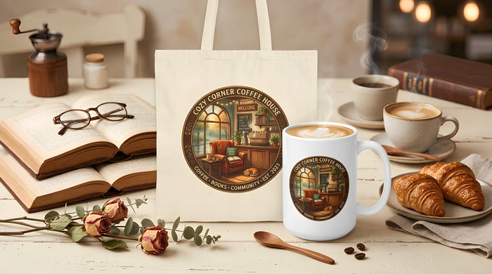 A cozy corner coffee house gift set, including a tote bag and a mug, is displayed on a table with various items such as books, a cup of coffee, and a pastry.