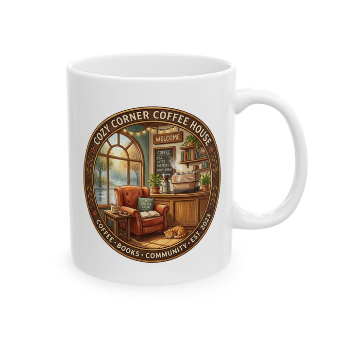 A cozy corner coffee house gift set, including a tote bag and a mug, is displayed on a table with various items such as books, a cup of coffee, and a pastry.