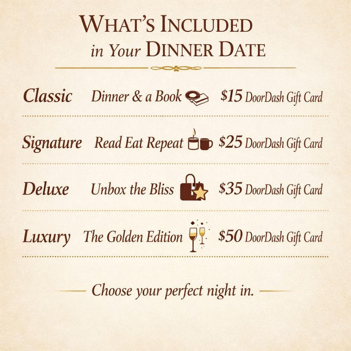 The image is a collection of various items, including a book, a tote bag, a gift box, a candle, popcorn, chocolate, and other snacks, arranged on a white background. The text "Blind Date with a Book" and "DoorDash Night In" are visible, suggesting this is an advertisement or promotional material for a book-related event or activity.