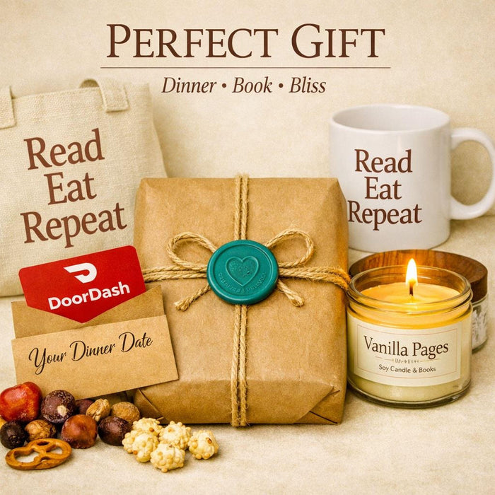 The image is a collection of various items, including a book, a tote bag, a gift box, a candle, popcorn, chocolate, and other snacks, arranged on a white background. The text "Blind Date with a Book" and "DoorDash Night In" are visible, suggesting this is an advertisement or promotional material for a book-related event or activity.