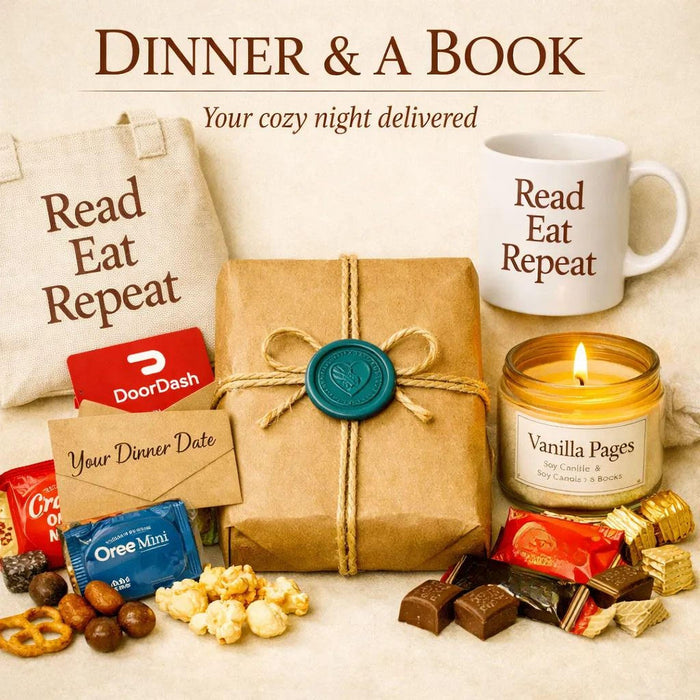 The image is a collection of various items, including a book, a tote bag, a gift box, a candle, popcorn, chocolate, and other snacks, arranged on a white background. The text "Blind Date with a Book" and "DoorDash Night In" are visible, suggesting this is an advertisement or promotional material for a book-related event or activity.