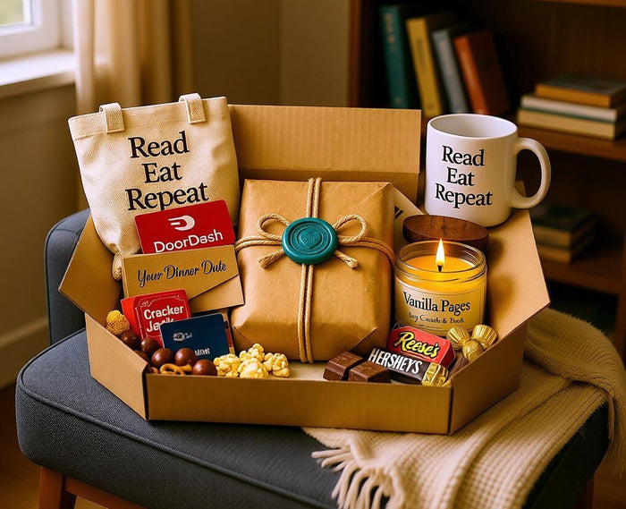 The image is a collection of various items, including a book, a tote bag, a gift box, a candle, popcorn, chocolate, and other snacks, arranged on a white background. The text "Blind Date with a Book" and "DoorDash Night In" are visible, suggesting this is an advertisement or promotional material for a book-related event or activity.