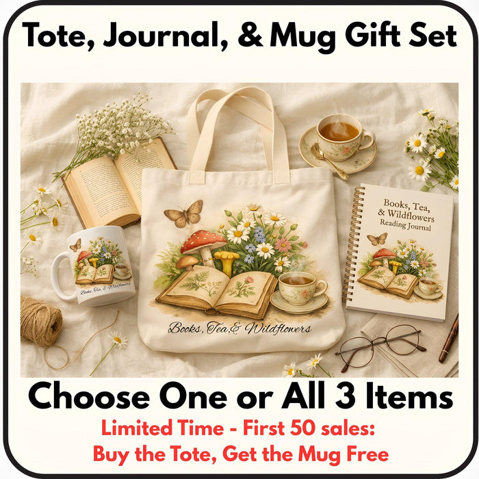 a white tote bag with a floral design, a mug, a book, a pair of glasses, a pair of twine, and some flowers and daisies.