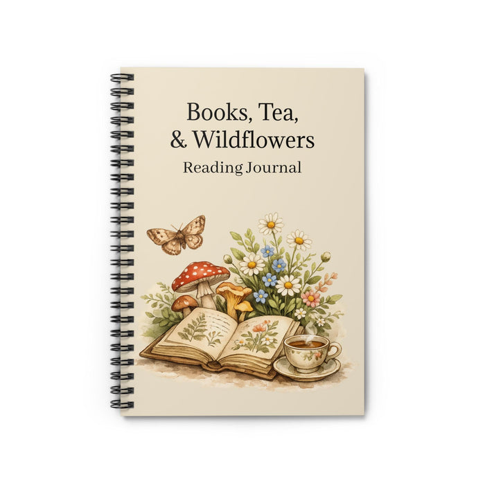 a white tote bag with a floral design, a mug, a book, a pair of glasses, a pair of twine, and some flowers and daisies.
