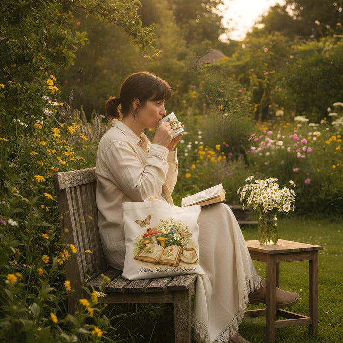 a white tote bag with a floral design, a mug, a book, a pair of glasses, a pair of twine, and some flowers and daisies.