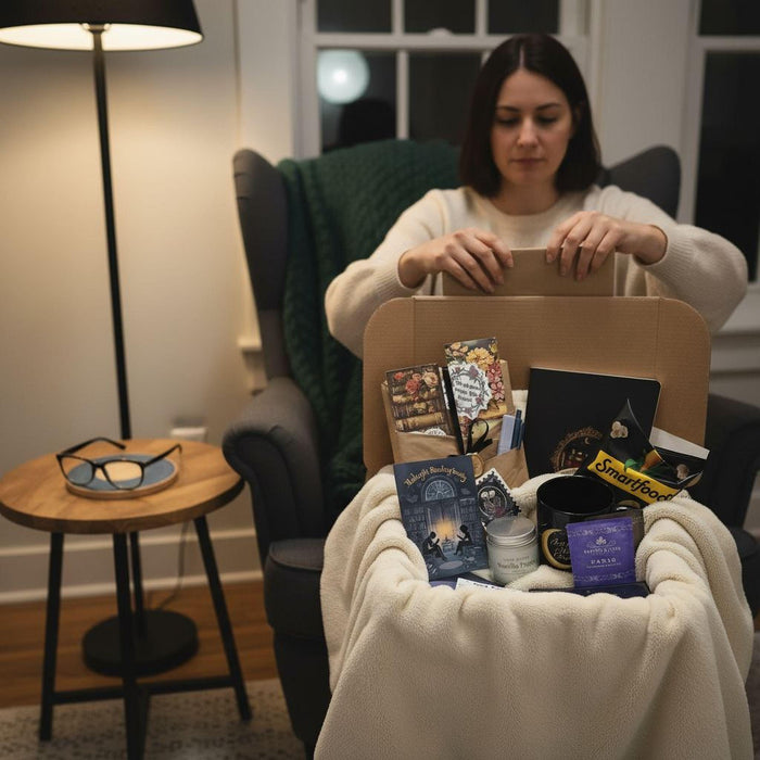 various items related to the "Dark Academia" theme, including a book, a mug, a candle, and other miscellaneous objects.
