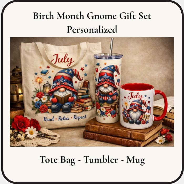 a set of personalized July-themed items, including a tote bag, a tumbler, and a mug, all decorated with illustrations of gnomes and patriotic symbols.