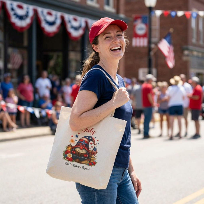 a set of personalized July-themed items, including a tote bag, a tumbler, and a mug, all decorated with illustrations of gnomes and patriotic symbols.