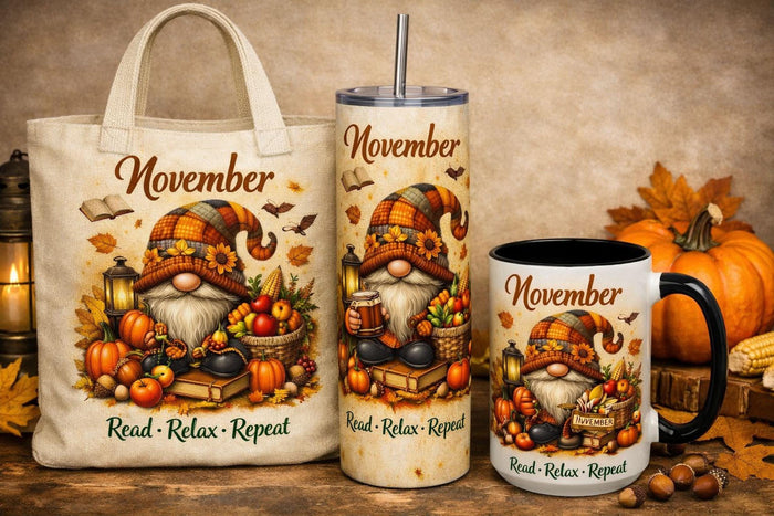 a set of personalized July-themed items, including a tote bag, a tumbler, and a mug, all decorated with illustrations of gnomes and patriotic symbols.