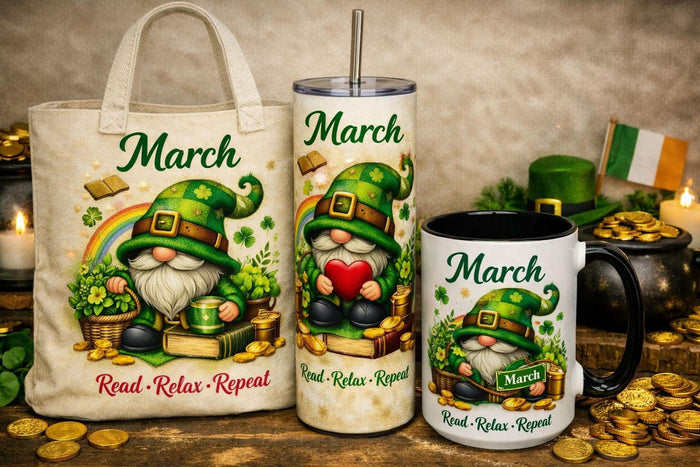 a set of personalized July-themed items, including a tote bag, a tumbler, and a mug, all decorated with illustrations of gnomes and patriotic symbols.