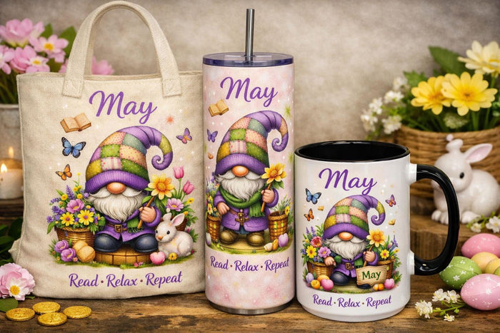 a set of personalized July-themed items, including a tote bag, a tumbler, and a mug, all decorated with illustrations of gnomes and patriotic symbols.