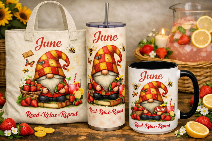 a set of personalized July-themed items, including a tote bag, a tumbler, and a mug, all decorated with illustrations of gnomes and patriotic symbols.