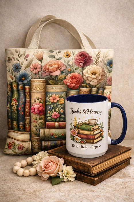 A tote bag with a floral pattern and a mug with a book and flower design, both placed on a stack of books.