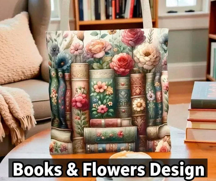 A tote bag with a floral pattern and a mug with a book and flower design, both placed on a stack of books.