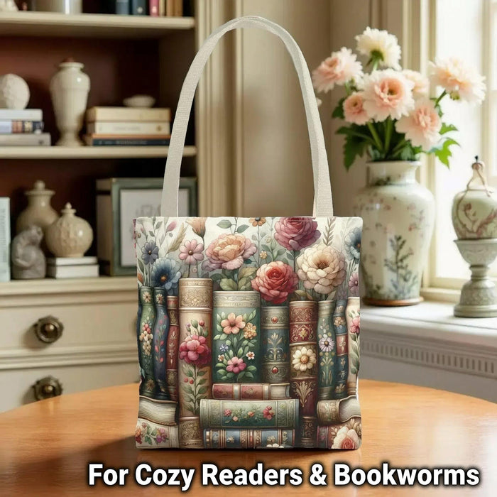 A tote bag with a floral pattern and a mug with a book and flower design, both placed on a stack of books.