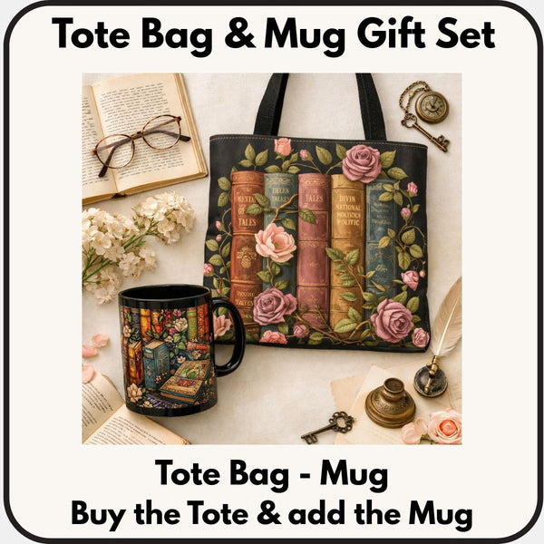 a tote bag and a mug with a floral design, along with various other items such as a book, glasses, a clock, and a keychain.