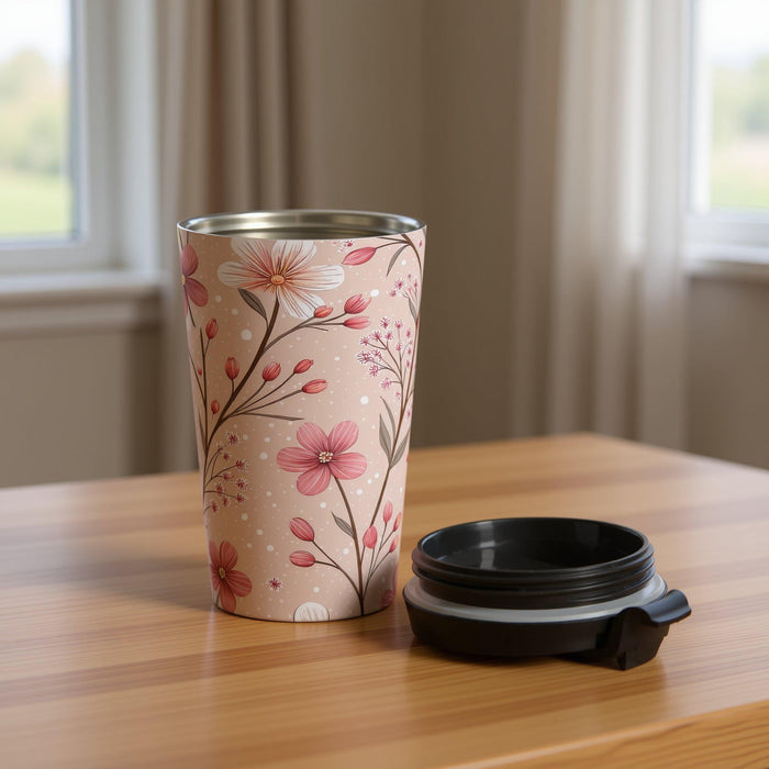 A tote bag with a floral pattern and a travel mug are displayed on a table, along with a book and some rose petals.