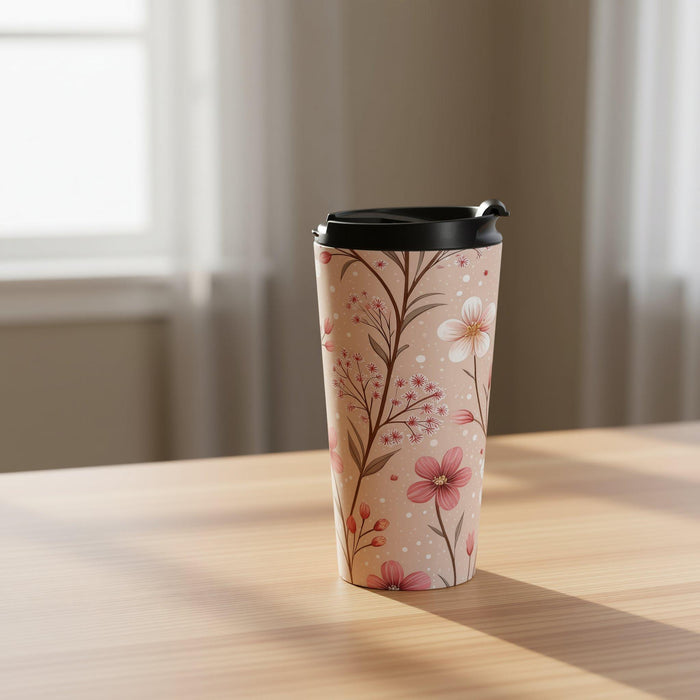 A tote bag with a floral pattern and a travel mug are displayed on a table, along with a book and some rose petals.