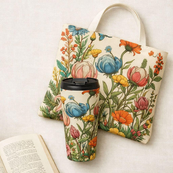 A tote bag with a floral pattern and a matching travel mug are displayed on a bed with white sheets and flowers.