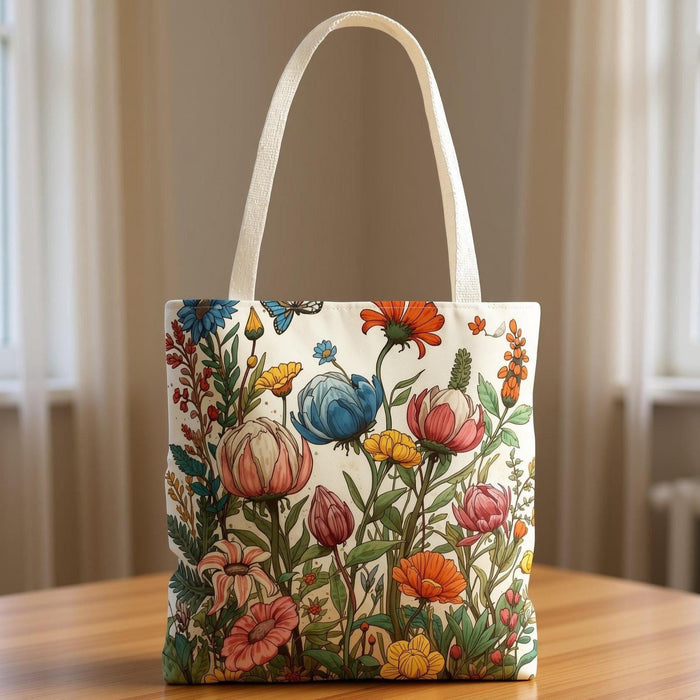 A tote bag with a floral pattern and a matching travel mug are displayed on a bed with white sheets and flowers.