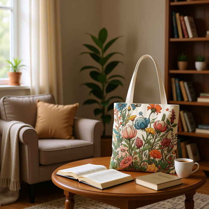 A tote bag with a floral pattern and a matching travel mug are displayed on a bed with white sheets and flowers.