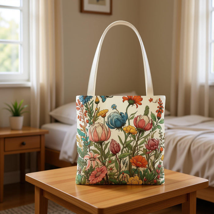 A tote bag with a floral pattern and a matching travel mug are displayed on a bed with white sheets and flowers.