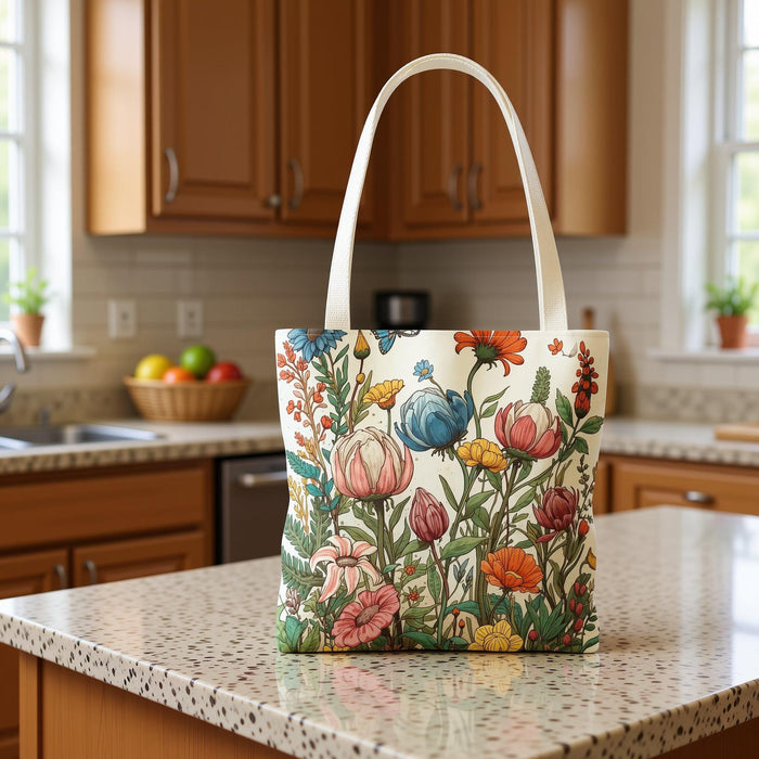 A tote bag with a floral pattern and a matching travel mug are displayed on a bed with white sheets and flowers.