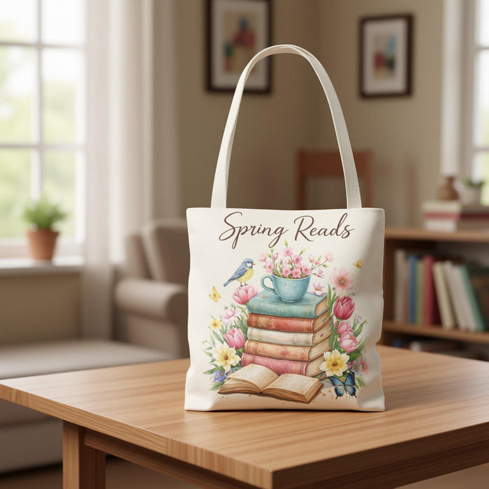 A beige tote bag with a floral design and a stack of colorful books.