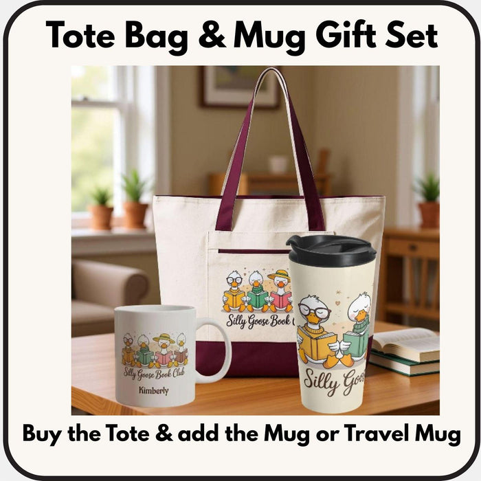 A tote bag and a travel mug with a design featuring cartoon ducks and the text "Silly Goose Book Club" are displayed on a wooden table.