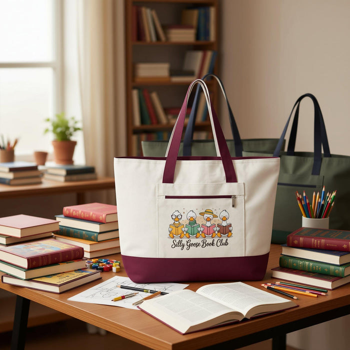 A tote bag and a travel mug with a design featuring cartoon ducks and the text "Silly Goose Book Club" are displayed on a wooden table.