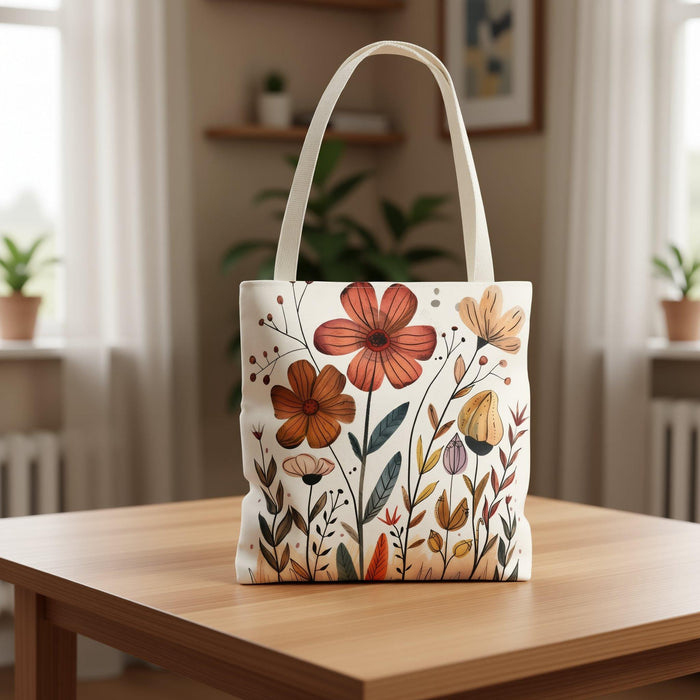 a tote bag with a floral design and a matching mug, placed on a wooden surface.