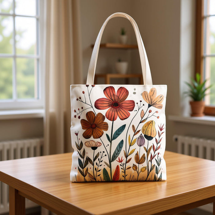 a tote bag with a floral design and a matching mug, placed on a wooden surface.
