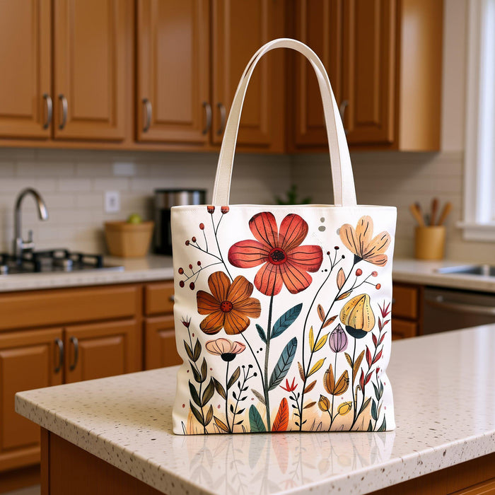 a tote bag with a floral design and a matching mug, placed on a wooden surface.