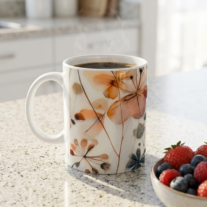 a tote bag with a floral design and a matching mug, placed on a wooden surface.