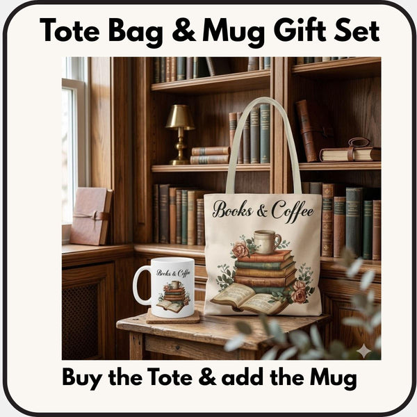A tote bag and a mug with a book and coffee design are displayed on a wooden table in a cozy, book-filled room.