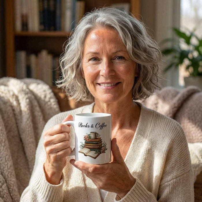 A white tote bag with a printed design of a stack of books and a cup of coffee, placed on a wooden table in a living room setting.