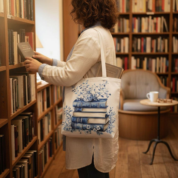 A white tote bag with a blue floral design and a stack of blue and white books, along with a matching blue and white mug, are displayed on a wooden surface.