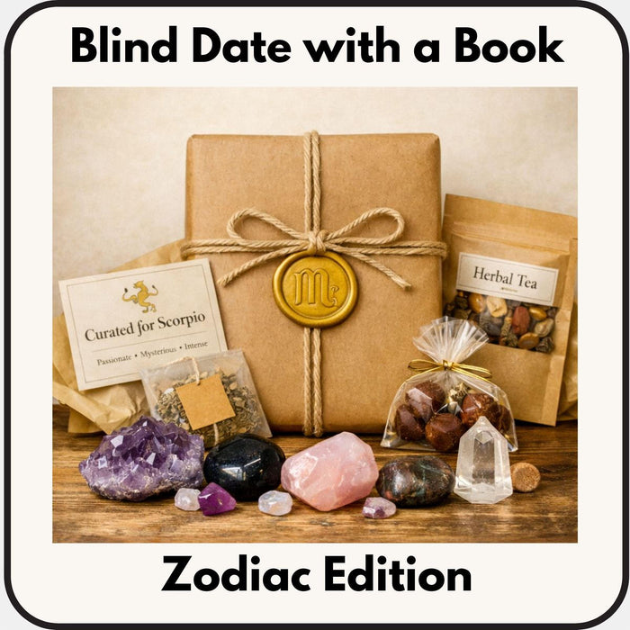 The image is a collage of various items related to astrology, including a book, herbs, crystals, and a gift box. The text "Blind Date with a Book" is displayed at the top, and "Zodiac Edition" is written at the bottom.