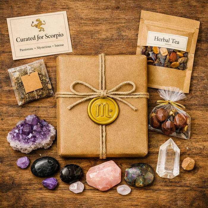 The image is a collage of various items related to astrology, including a book, herbs, crystals, and a gift box. The text "Blind Date with a Book" is displayed at the top, and "Zodiac Edition" is written at the bottom.