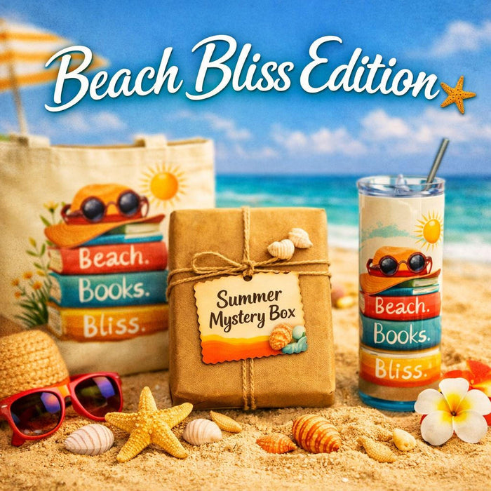 The image is a collage of various beach-related items, including a book, sunglasses, a straw hat, a starfish, a seashell, a beach umbrella, and a bottle of sunscreen, all arranged on a sandy beach.