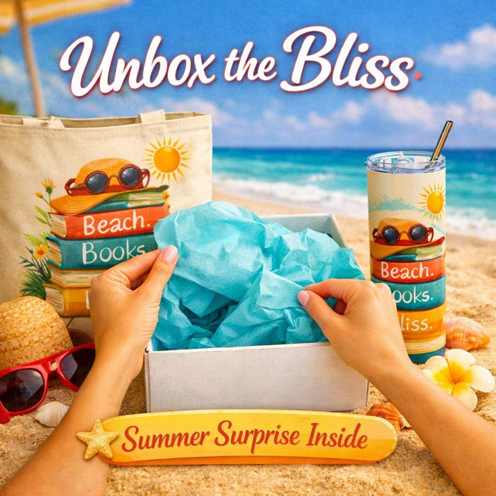 The image is a collage of various beach-related items, including a book, sunglasses, a straw hat, a starfish, a seashell, a beach umbrella, and a bottle of sunscreen, all arranged on a sandy beach.