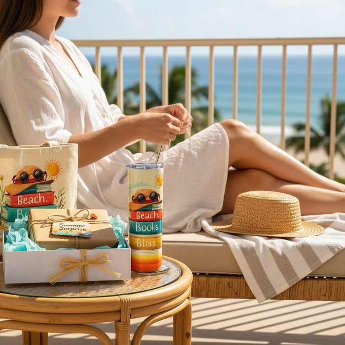 The image is a collage of various beach-related items, including a book, sunglasses, a straw hat, a starfish, a seashell, a beach umbrella, and a bottle of sunscreen, all arranged on a sandy beach.