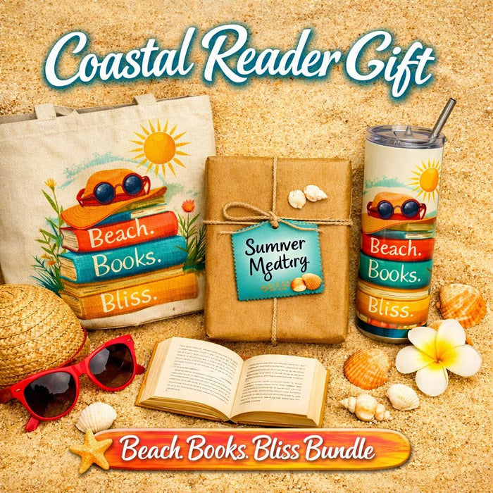 The image is a collage of various beach-related items, including a book, sunglasses, a straw hat, a starfish, a seashell, a beach umbrella, and a bottle of sunscreen, all arranged on a sandy beach.
