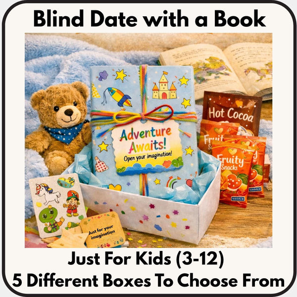 a variety of books, snacks, and toys arranged on a table, with a teddy bear sitting next to them. The text overlay provides information about a "Blind Date with a Book" package for kids, including a list of 5 different boxes to choose from.