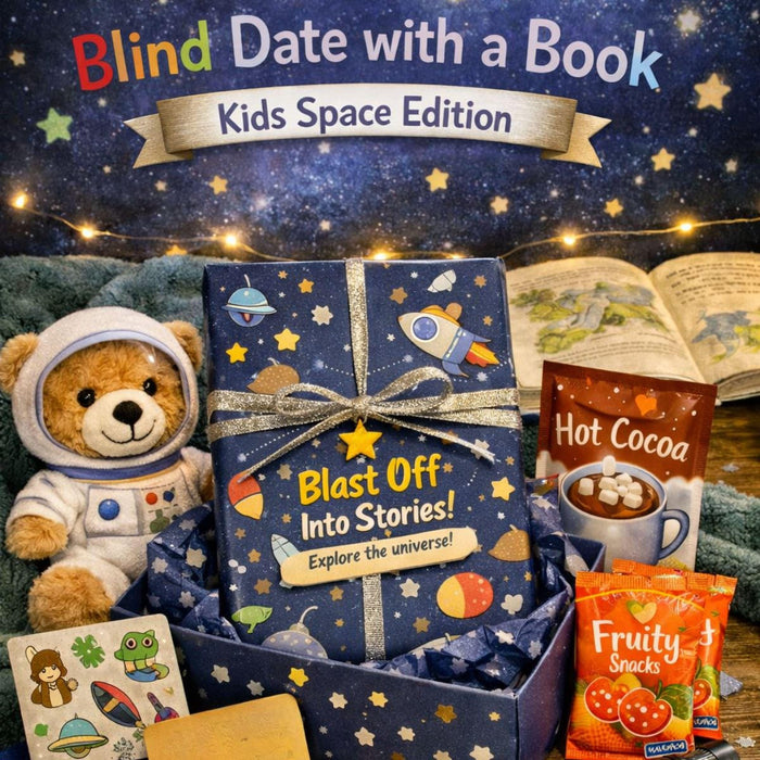 The image is a colorful and whimsical children's book display featuring a unicorn, a book, snacks, and other toys.