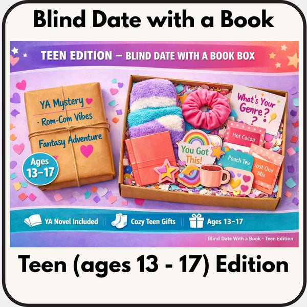 The image is an advertisement for a book titled "Blind Date with a Book" for a "Teen Edition" that includes a book box, mystery, fantasy adventure, cozy teen gifts, and a mystery novel.