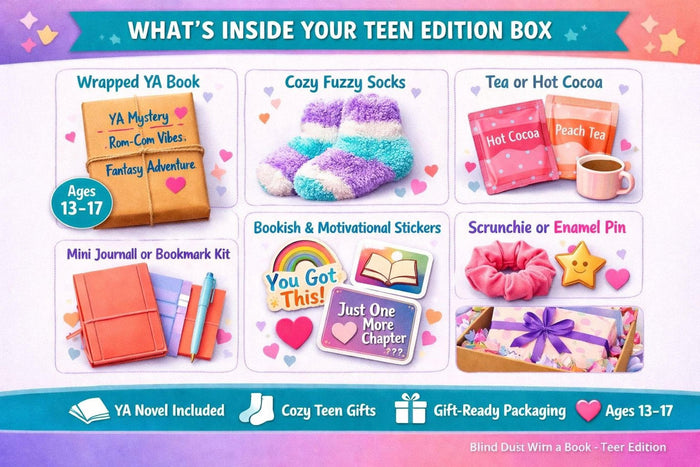The image is an advertisement for a book titled "Blind Date with a Book" for a "Teen Edition" that includes a book box, mystery, fantasy adventure, cozy teen gifts, and a mystery novel.