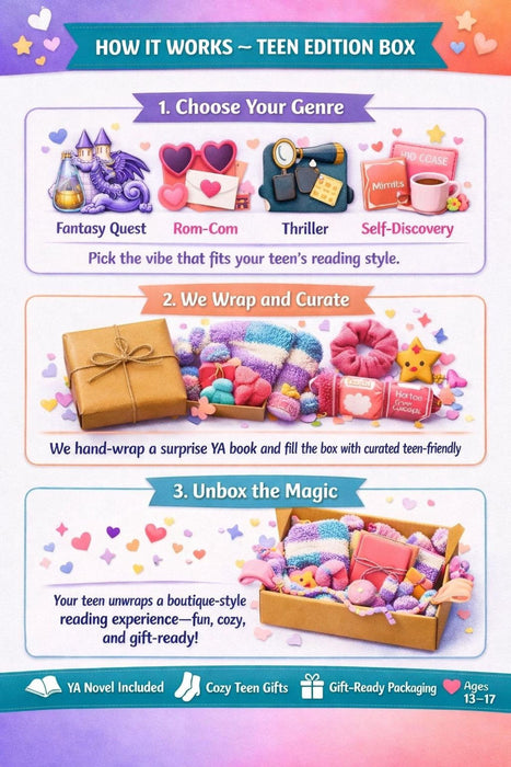 The image is an advertisement for a book titled "Blind Date with a Book" for a "Teen Edition" that includes a book box, mystery, fantasy adventure, cozy teen gifts, and a mystery novel.